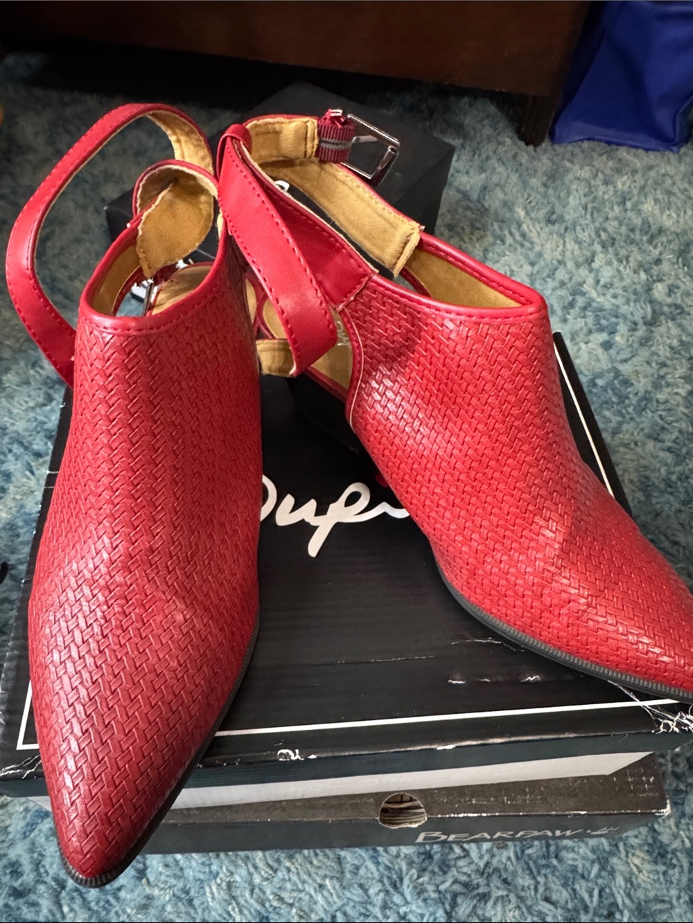 Qupid Red Woven Pointed Slingback Mules